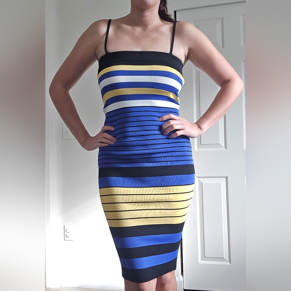 Shoe Dazzle Black, Blue, and Yellow Striped Midi Dress